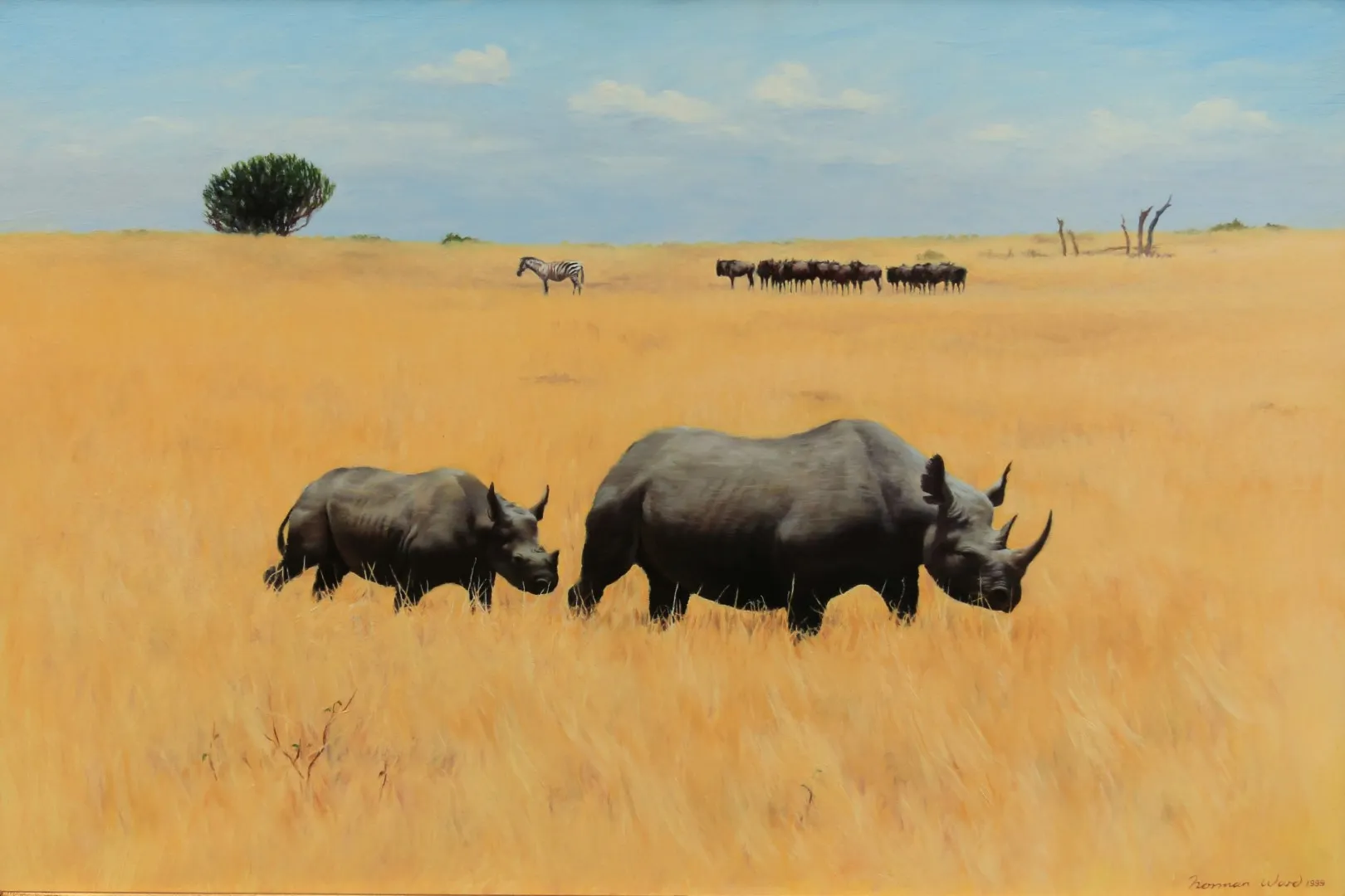 A painting of two Rhinos in the savannah